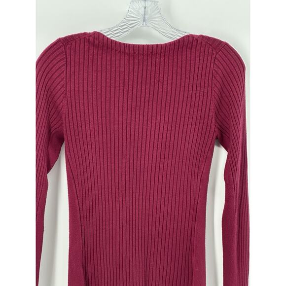 Express Ribbed Zip Front Sweater M Burgundy Stretch Long Sleeve Knit Top - Picture 6 of 13
